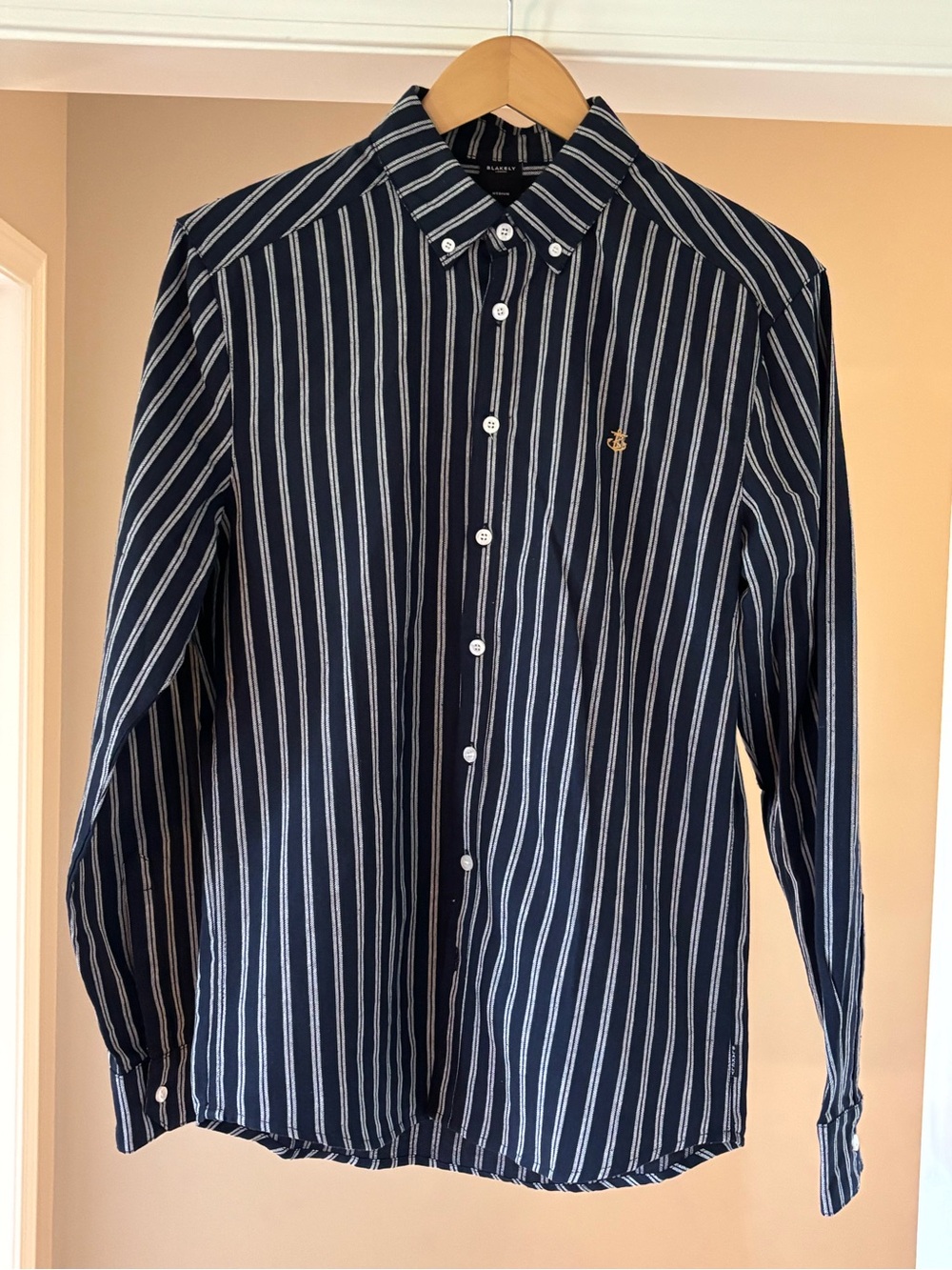 Men's Navy & White Stripe Button-Down Shirt with Embroidered Anchor